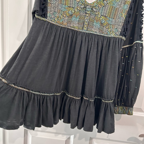 Free People Gray Boho Embroidered Tunic Blouse M Peasant Tiered Balloon Sleeve - Picture 7 of 12